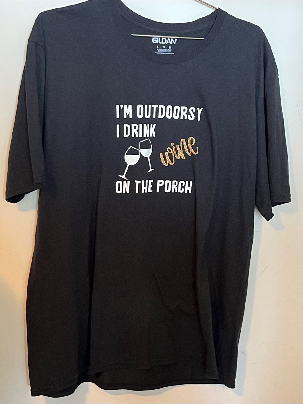 Gildan Black Tee with White and Gold Wine Graphic